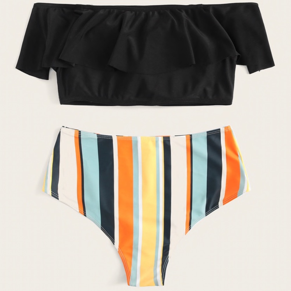 3/$30 Off Shoulder Top Striped High Waist Bikini